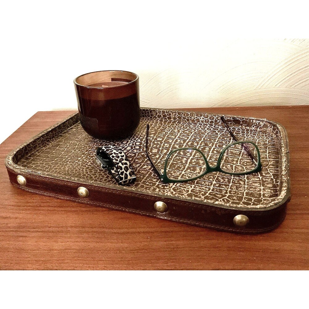 Vintage 1990s Faux Crocodile Leather Serving Tray Wood Brass Studded 15 x 10.5"